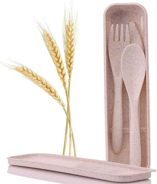Wheat Straw Travel Utensils Set with Case - Kids Cutlery Set - BPA Free Portable Silverware for Lunch Box - Fork Spoon Knife Set with Case - Eco Friendly - Reusable Utensils