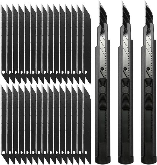 FOSHIO Retractable Utility Knife with 30 Degree Snap Off Blade 9MM, Box Cutter for Carton, Cardboard and Box, Office, Home Use, 3 Pack Black Aluminum Handle Knife with Extra 30 Replacement Blades