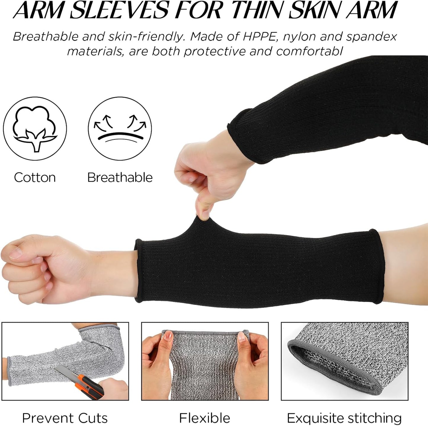 Neer 4 Pair Protective Arm Sleeves for Thin Skin Anti-Cut Burn Resistant Cover Forearm Sleeve for Cooking Construction(Black, 11.8 Inch)