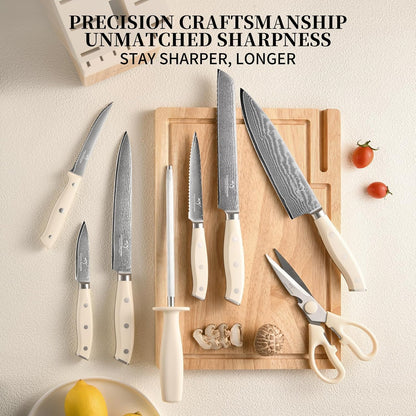 18 Pieces Damascus Kitchen Knife Set, 8 Piece Steak Knives, Non-slip ABS Ergonomic Triple Rivet Handle for Meat Fork, Knife Sharpener and Shears, 17 Slots Fraxinus Manchuria Knife Block (Grey)