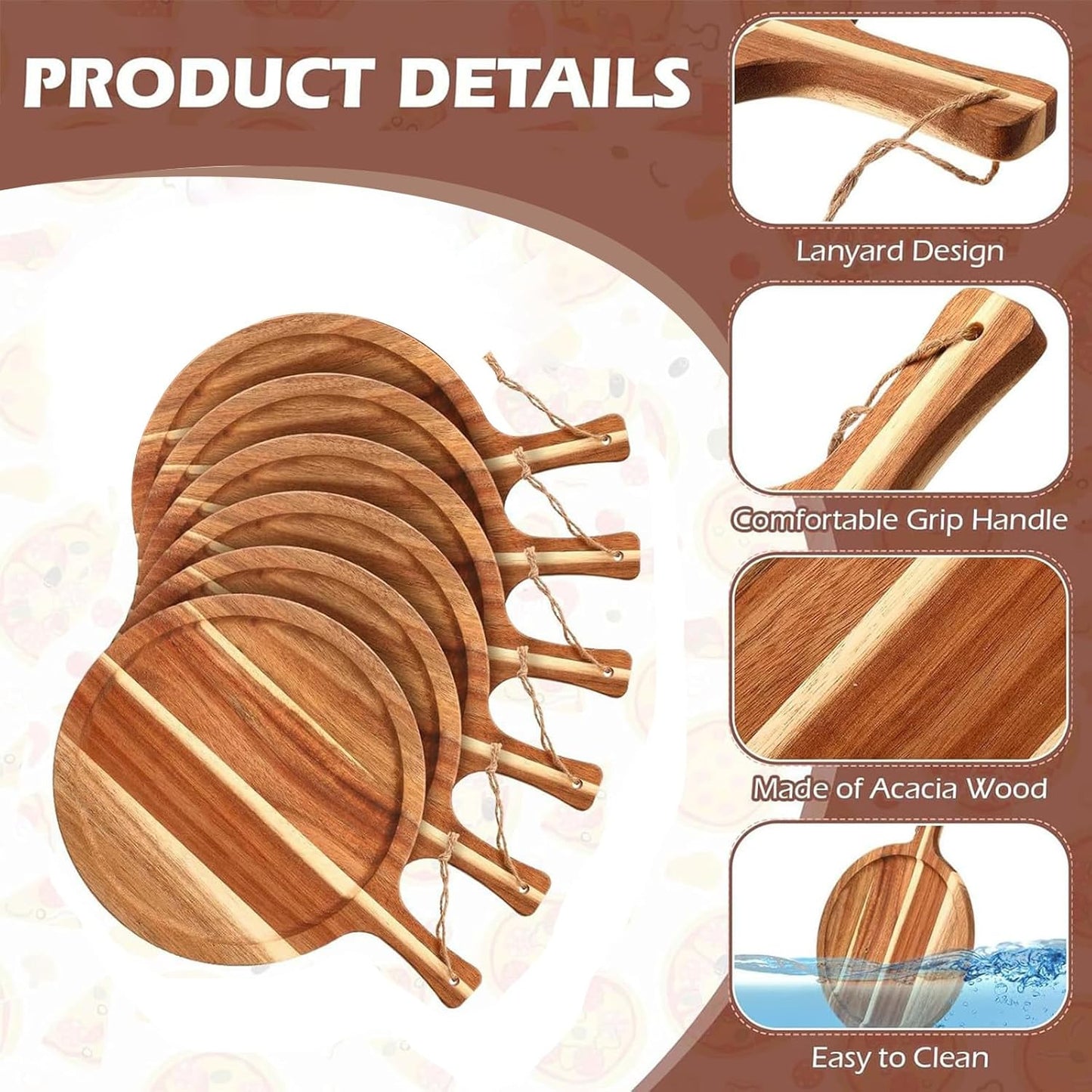 6 Pcs Acacia Wood Cutting Board with Handle, Small Wooden Charcuterie Boards, Decorative Bulk Serving Boards for Kitchen Cheese Bread (12 x 6 x 0.6 Inch)