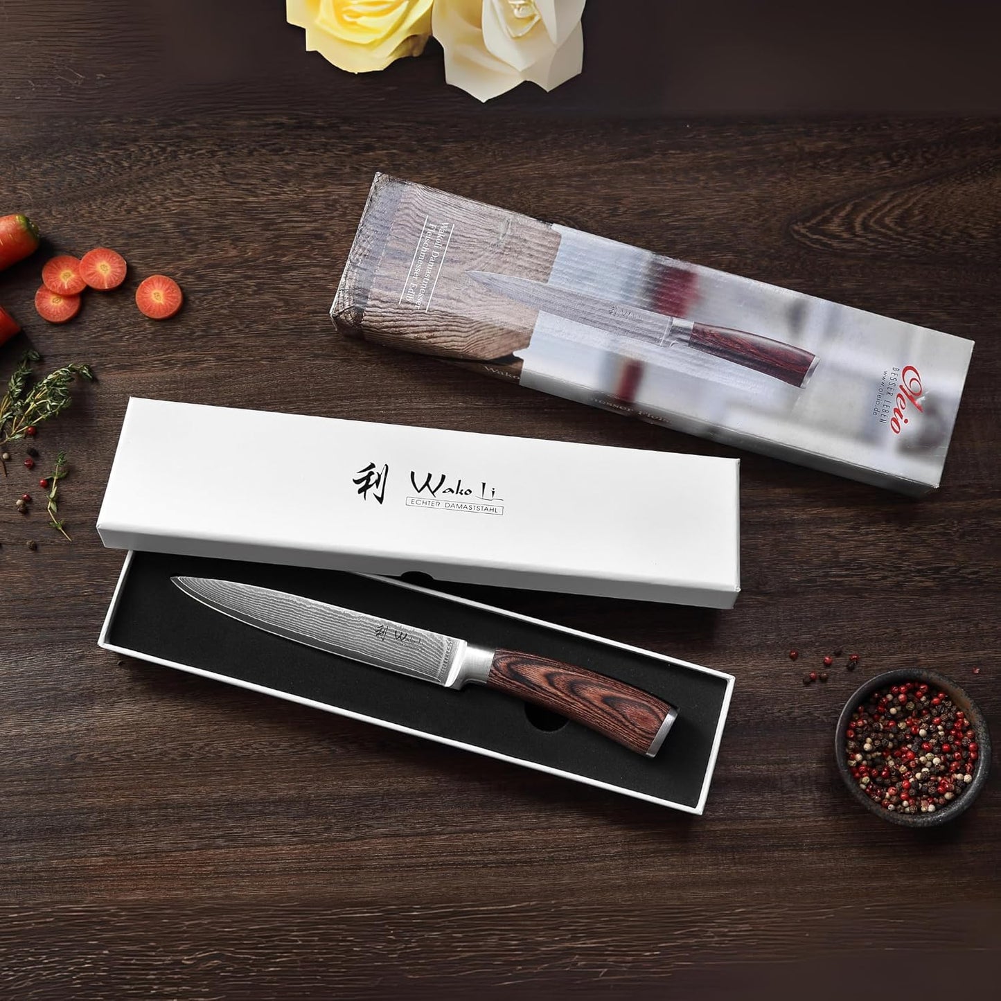 Wakoli EDIB Damascus Meat Knife – 7-Inch Japanese-Style Kitchen Knife for Meat, BBQ, and Roasts, 67-Layer Damascus Steel Blade with VG10 Core, Ergonomic Pakkawood Handle – Carving Knife in Gift Box