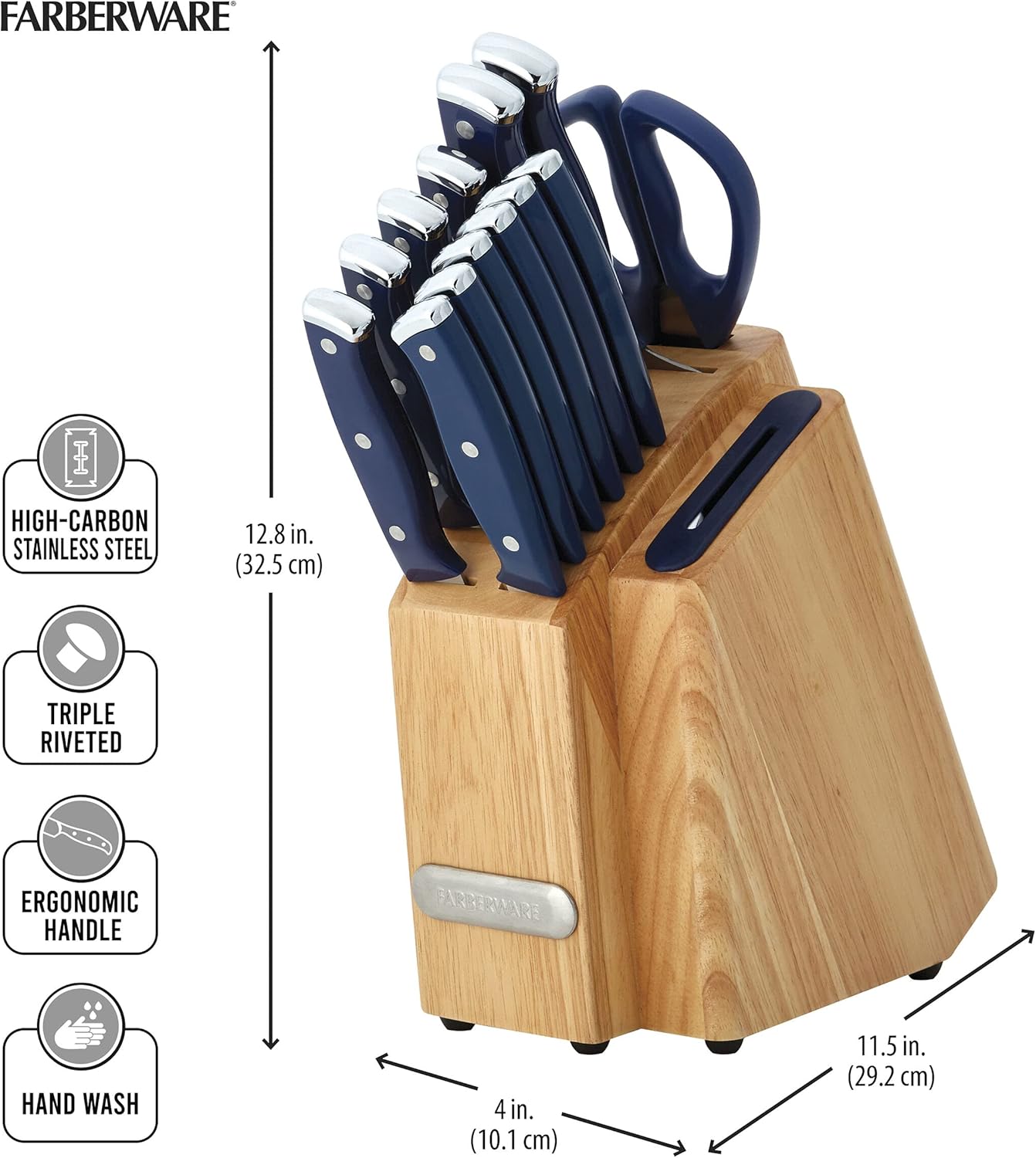 Farberware Edgekeeper Triple Riveted Slim Knife Block Set with Built in Sharpener, 14-Piece, Navy