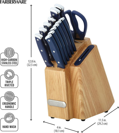 Farberware Edgekeeper Triple Riveted Slim Knife Block Set with Built in Sharpener, 14-Piece, Navy
