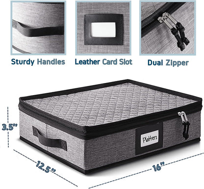 Platter Storage Case, Fine China Storage Containers Hard Shell, Quilted and Stackable 16”x 12.5”x 3.5” Platter Storage Container with Zipper, Handles and Felt Dividers for Moving and Seasonal Storage