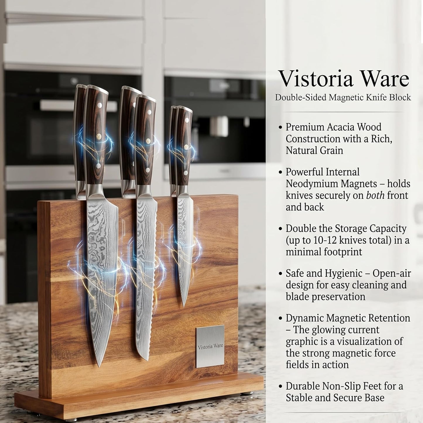 Magnetic Knife Block with Acrylic Shield, Double-Sided Acacia Wood Knife Holder for Kitchen Countertop, Strong Magnet Knife Organizer, Holds 10–12 Knives, Space Saving Storage