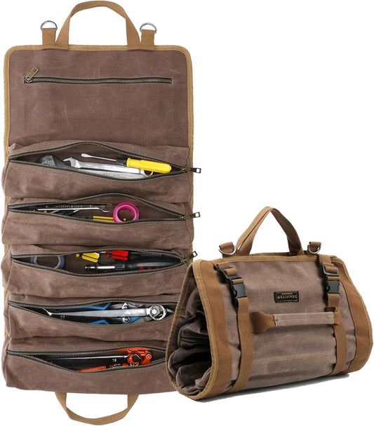 Wrench Tool Roll, Heavy Duty Waxed Canvas Multi-purpose Tool Pouch Bag With 25 Pockets, Easy Storage, Durable (Khaki)