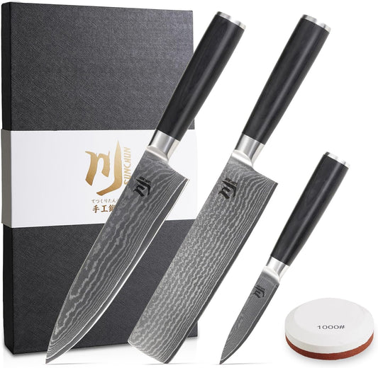 SUNCHUN Nakiri Knife VG-10 Damascus Steel 67-Layer Japanese Vegetable Cleaver, Ultra Sharp 602 HRC Kitchen Knife with Black Pakka Wood Handle, Professional Chef Knife for Vegetables & Food Prep