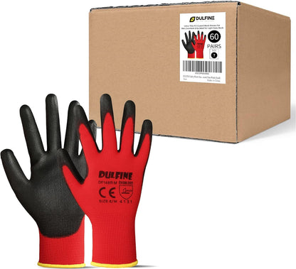 DULFINE Safety Work Gloves PU Coated-12 Pairs,Red Seamless Knit Glove with Polyurethane Coated Smooth Grip on Palm & Fingers, for Men and Women, Ideal for General Duty Work (Large)