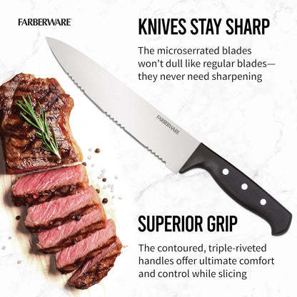 Farberware 22-Piece Never Needs Sharpening Triple Rivet High-Carbon Stainless Steel Knife Block and Kitchen Tool Set, Black, Durable AND Precision Cutlery