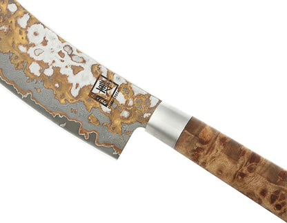 zayiko MysticMagma Nakiri Damascus Knife, 17 cm Blade made of 67 Layers of Damascus Steel with copper and bronze Inlay, DualCurve Handle made of maple root Wood, wooden Box