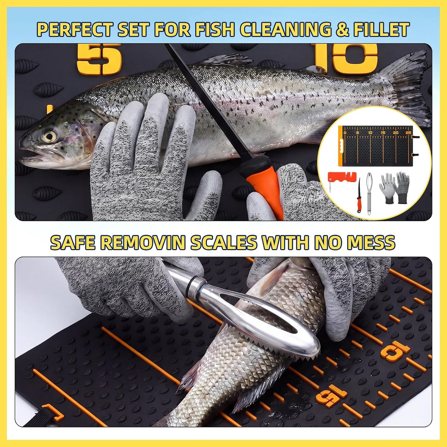 7 Pcs Fish Fillet Knife Set Fishing Cleaning Kit with 7" Stainless Steel Fillet Knife Non-slip Silicone Fish Mat Digital Scale Sharpener Scaler Cut Resistant Gloves Carrying Bag