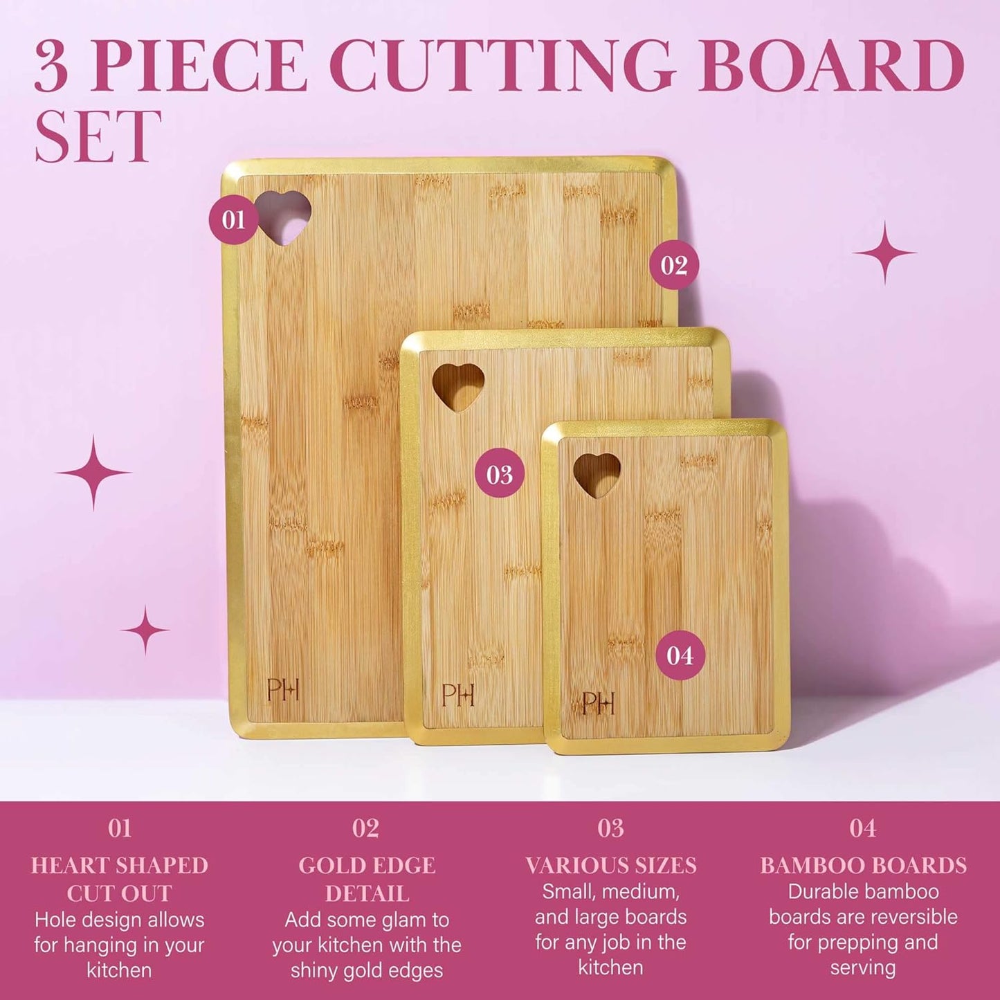 Paris Hilton Bamboo Cutting Board for Kitchen, Reversible Cutting Board and Cutlery Set with High Carbon Stainless Steel Knives and Blade Guards, Comfortable Handle Grips, 7-Piece Set, Gold and Pink