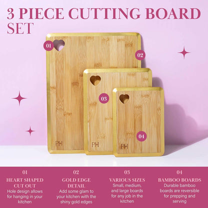 Paris Hilton Bamboo Cutting Board for Kitchen, Reversible Cutting Board and Cutlery Set with High Carbon Stainless Steel Knives and Blade Guards, Comfortable Handle Grips, 7-Piece Set, Gold and Pink