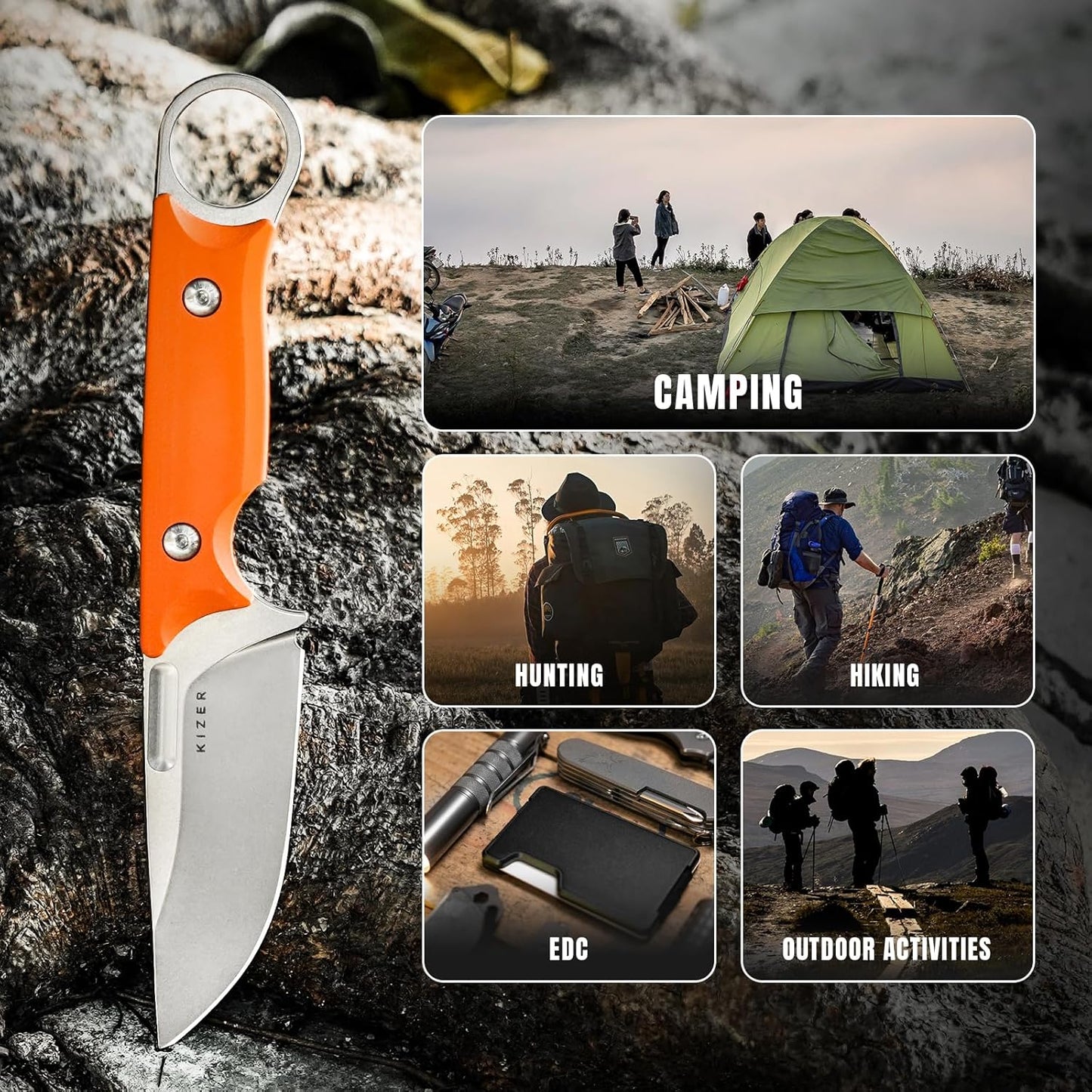 Kizer Cabox Fixed Blade Knife, 3.36" D2 Steel Fixed Blade Hunting Knife G10 Handle with Sheath, Survival Camping Knives 1048A3