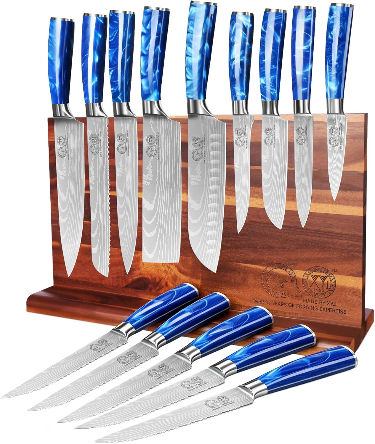 XYJ Kitchen Knife Block Set,Stainless Steel Knives Set with Magnetic Knife Block,Scissors,Gloves,Honing Steel,Japanese Style Paring Boning Steak Slicing Santoku Chef Knives,Resin Handle