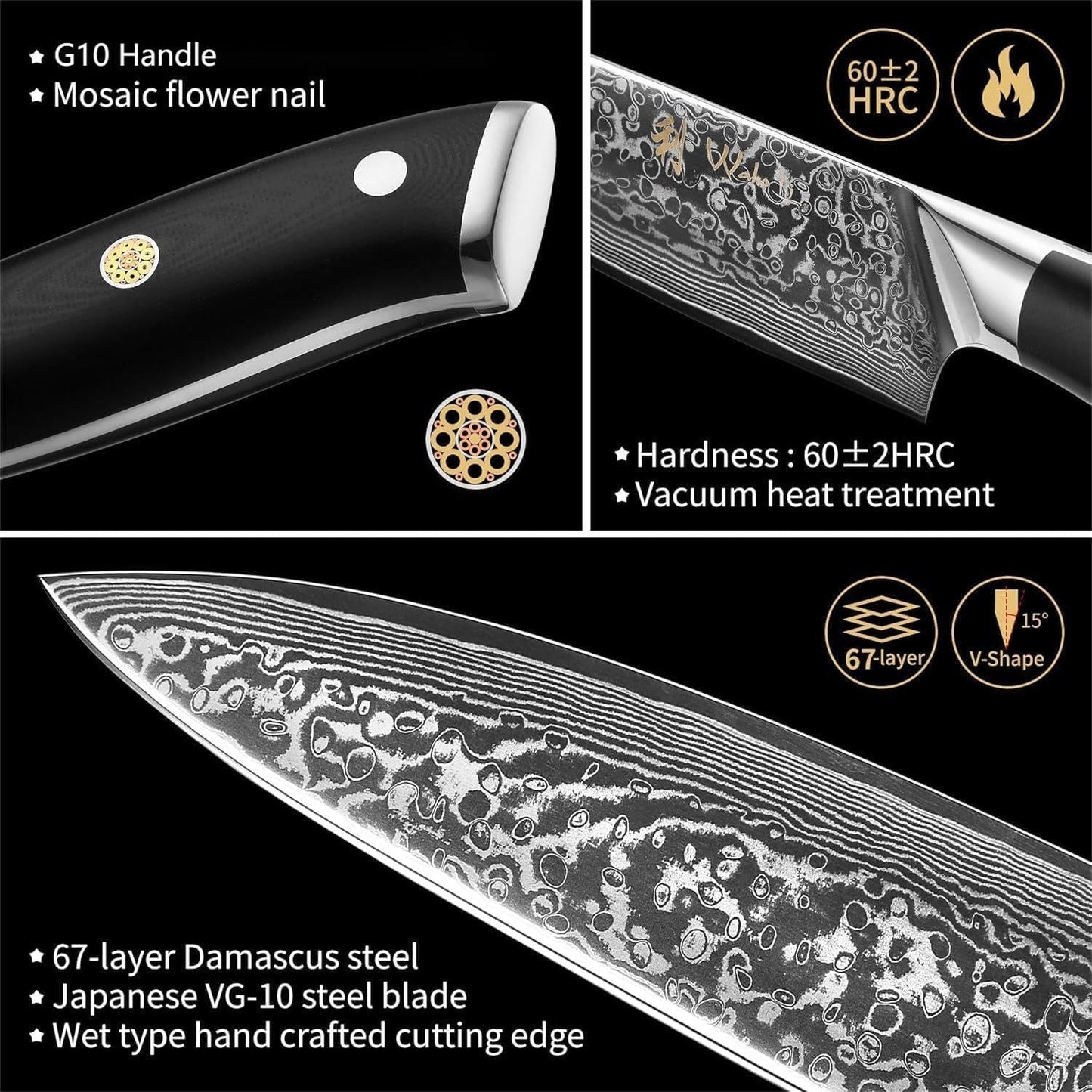 Wakoli Damascus Chef Knife Set with Magnetic Block – 5-Piece Professional Kitchen Knife Block Set, Genuine 67-Layer Damascus Steel Blades with VG10 Core & Ergonomic Sycamore Wood Handles