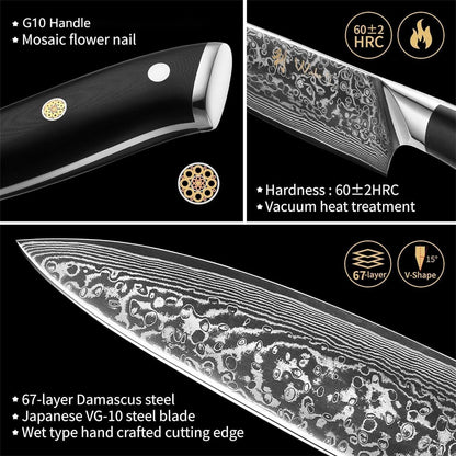 Wakoli Damascus Chef Knife Set with Magnetic Block – 5-Piece Professional Kitchen Knife Block Set, Genuine 67-Layer Damascus Steel Blades with VG10 Core & Ergonomic Sycamore Wood Handles