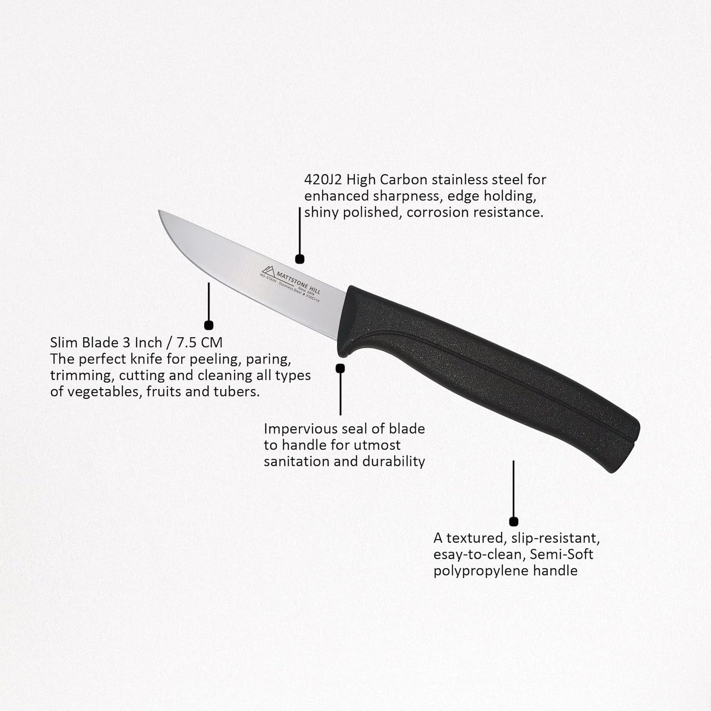 Kitchen Utility Knife - MATTSTONE HILL 4 Inch Paring Knife, Small Fruit & Vegetable Knife, Premium German Stell Blade, Black Handle