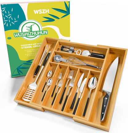 Utensil Organizer Silverware Drawer Organizer - Bamboo Expandable Cutlery Tray with Dividers for Utensil Holder Office Storage Makeup Desk Drawer Tool Organization W13.5"-19.5" x L17.5" x H2.5"(Black) | Expandable