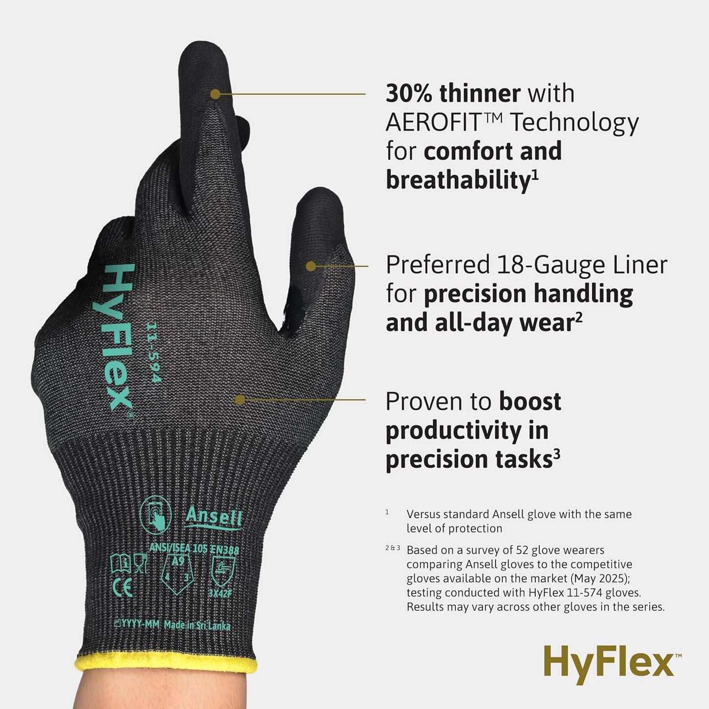 Ansell HyFlex Cut Resistant Touchscreen Work Gloves with Aerofit Precision Comfort Technology