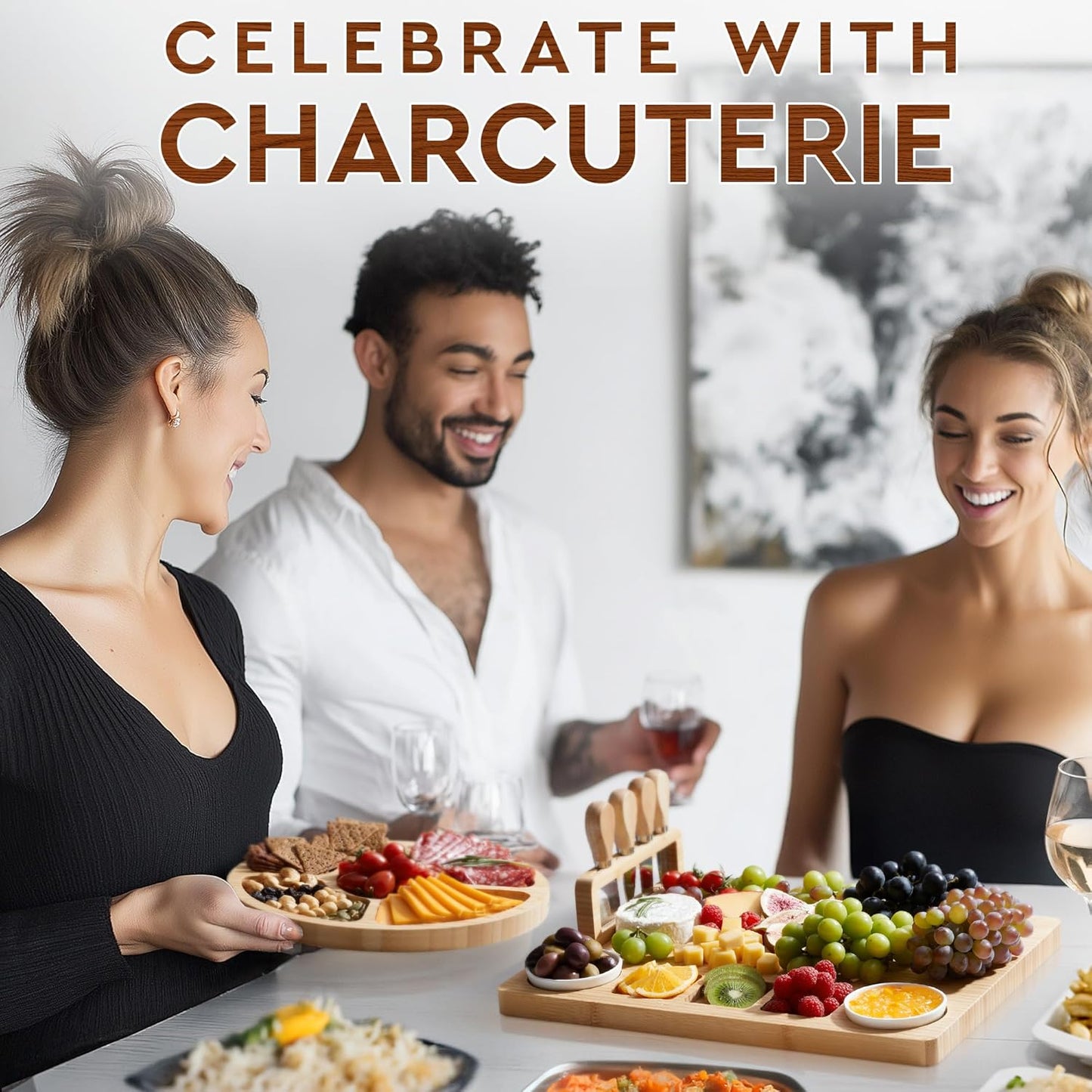 Charcuterie Boards Deluxe Gift Set - 15 Pieces, Bamboo - Large Cheese Board Plus Fruit Tray w/Magnetic Cheese Knives Holder for Mother's Day Present, Birthday, Housewarming, Wedding Shower Gifts