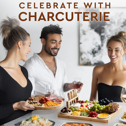 Charcuterie Boards Deluxe Gift Set - 15 Pieces, Bamboo - Large Cheese Board Plus Fruit Tray w/Magnetic Cheese Knives Holder for Mother's Day Present, Birthday, Housewarming, Wedding Shower Gifts