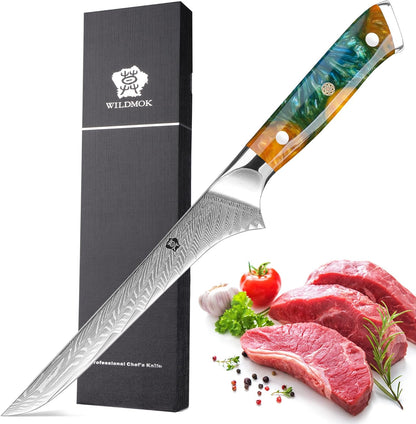 WILDMOK Damascus Boning Knife, 7 inch Super Sharp Fillet Knife, Japanese Damascus Steel, Full Tang Resin Handle, Includes Gift Box