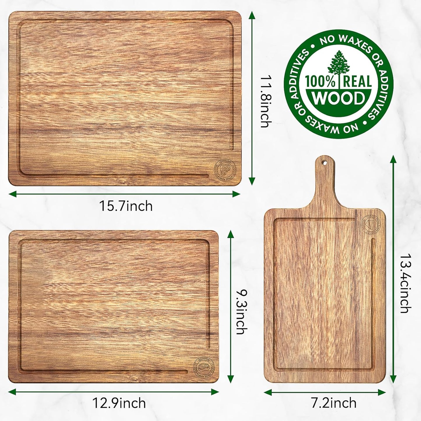 Acacia Wood Cutting Board Set of 3 – Non-Toxic & Pre-Oiled Cutting Boards for Kitchen, Chopping Boards with Holder, Juice Groove, Reversible Serving Board, Labeled Icons for Meat Cheese Vegetables