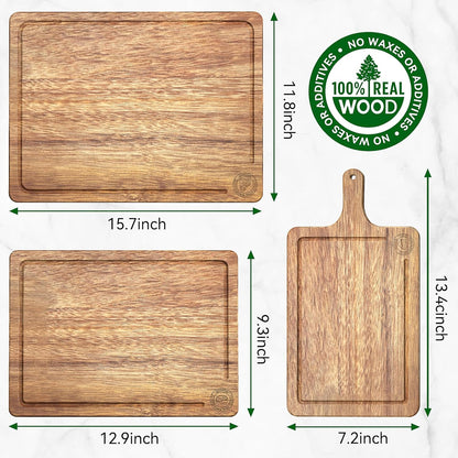 Acacia Wood Cutting Board Set of 3 – Non-Toxic & Pre-Oiled Cutting Boards for Kitchen, Chopping Boards with Holder, Juice Groove, Reversible Serving Board, Labeled Icons for Meat Cheese Vegetables