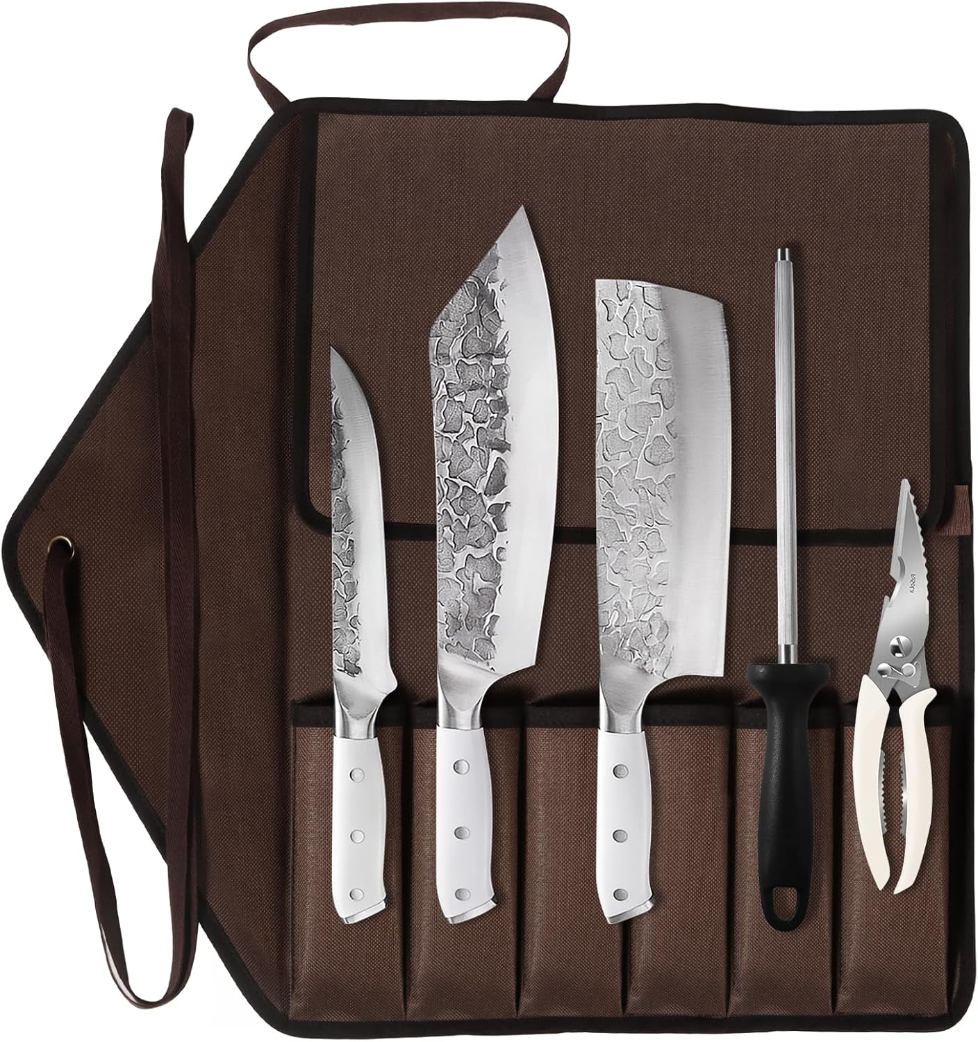 KOFERY Damascus Steel Butcher Knife Set with Full Tang Blades for Pit Master BBQ Meat Carving, Smoking Meat & Game Processing with Canvas Knife Roll for Camping, Gift for Men
