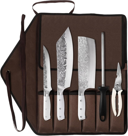 KOFERY Damascus Steel Butcher Knife Set with Full Tang Blades for Pit Master BBQ Meat Carving, Smoking Meat & Game Processing with Canvas Knife Roll for Camping, Gift for Men