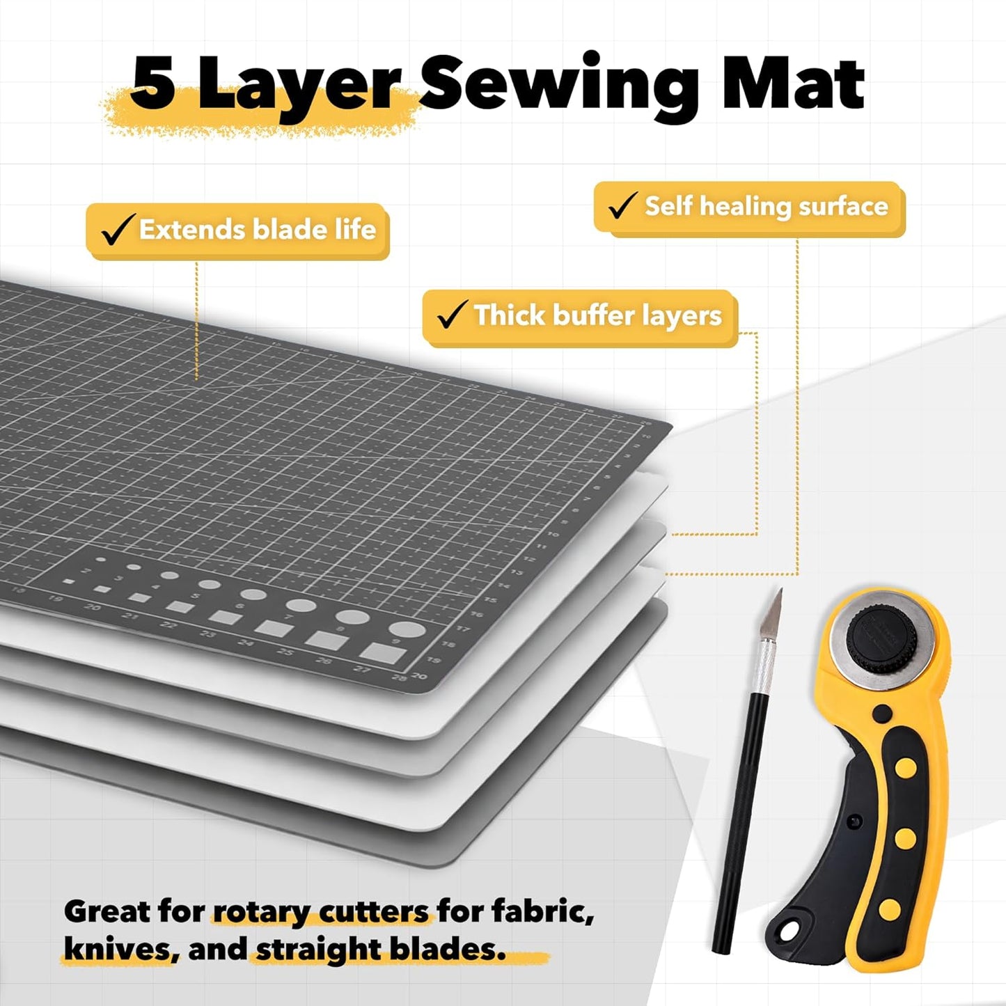 Mandala Crafts Self-Healing Cutting Mat Set – 12" x 18" A3 Green Double-Sided 5-Ply Mat with Fabric Cutter, Quilt Ruler & Craft Knife for Sewing, Quilting, Leather & Scrapbooking