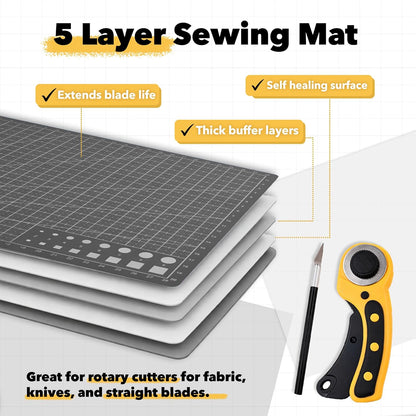 Mandala Crafts Self-Healing Cutting Mat Set – 12" x 18" A3 Green Double-Sided 5-Ply Mat with Fabric Cutter, Quilt Ruler & Craft Knife for Sewing, Quilting, Leather & Scrapbooking