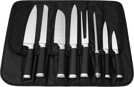 9-Piece Kitchen Knife Set in Carry Case - Ultra Sharp Chef Knives with Ergonomic Handles - Professional Japanese Chef's Knife Set with Paring, Carving, Bread, Santoku, Utility Knives, Fork, Sharpener