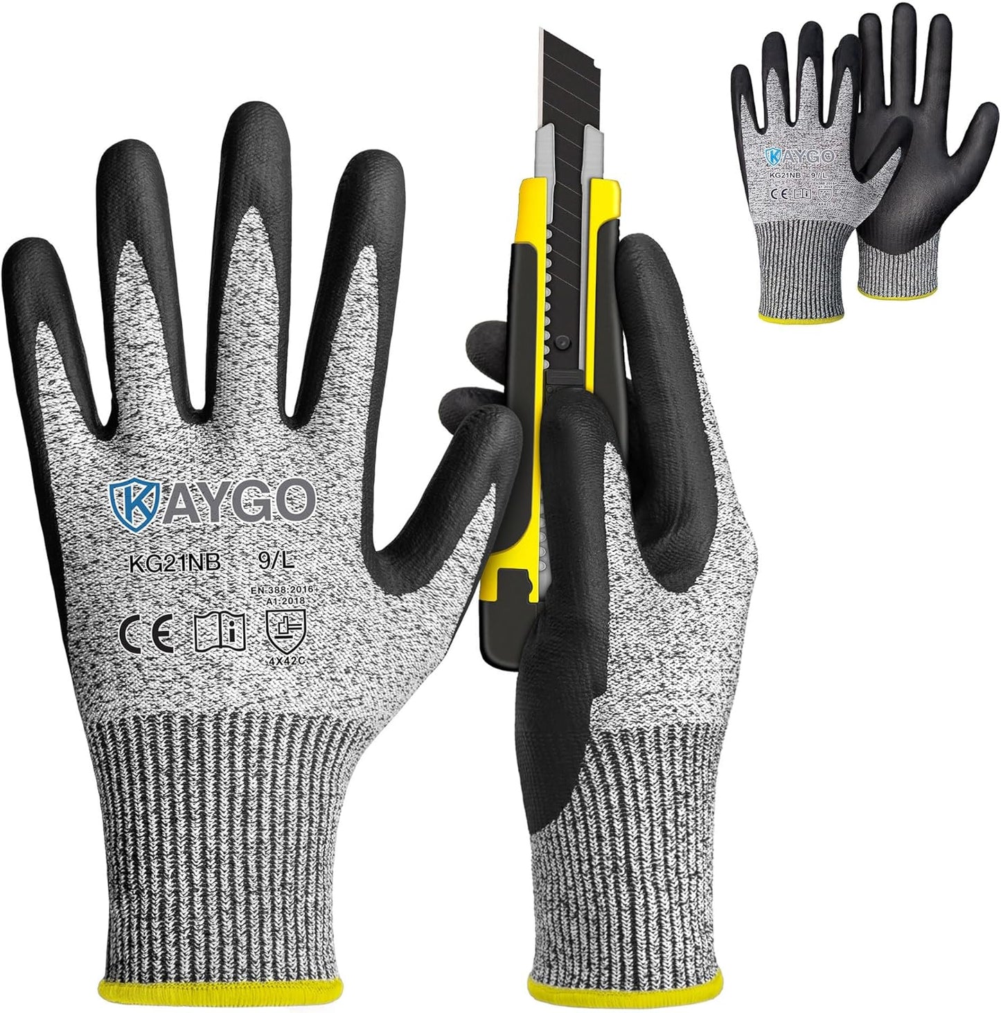 KAYGO 12 Pairs Cut Resistant Work Gloves for Men and Women,ANSI A3 Cutting Gloves,Nitrile Micro-Foam Safety Work Gloves KG21NB,Ideal for Wood Carving,Glass Handling, Construction,Fishing,Grey,S