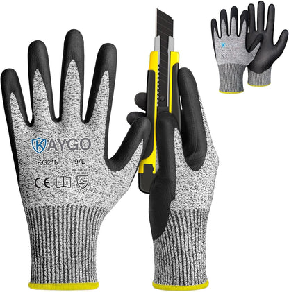 KAYGO 12 Pairs Cut Resistant Work Gloves for Men and Women,ANSI A3 Cutting Gloves,Nitrile Micro-Foam Safety Work Gloves KG21NB,Ideal for Wood Carving,Glass Handling, Construction,Fishing,Grey,S