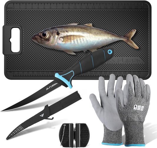 FLISSA 4PCS Fish Fillet Set with 6" Fillet Knife, 24"*13" Non-Slip Fish Fillet & Cleaning Mat, Knife Sharpener and Cut Resistant Gloves, Fish Cleaning kit for Easy Fish Cleaning, Filleting and Cutting
