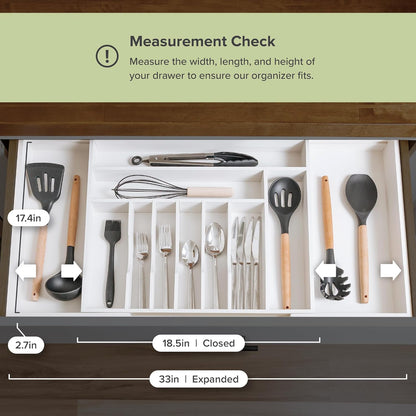 KitchenEdge Premium Silverware, Flatware and Utensil Organizer for Kitchen Drawers, Food-Safe Contract Grade, Expandable from 18 to 33 In, Natural Bamboo