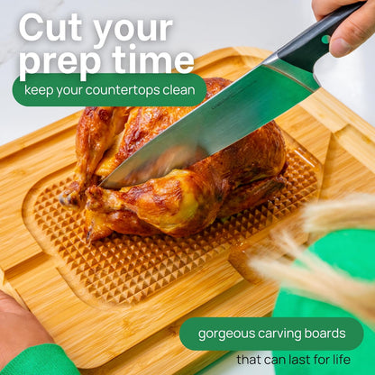 GREENER CHEF 18 Inch Extra Large Organic Turkey Carving Board with Lifetime Replacements - XL Wooden Butcher Block Meat Cutting Board with Pour Spout - Thanksgiving Cooking Essentials