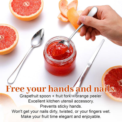 5PCS Grapefruit Spoons & 1 Knife - Stainless Steel Grapefruit Flatware with Serrated Edge, Curved Cutting Silverware Set for Fruit Kiwi Orange, Small Multi-Functional Spoons for Camping Kitchenware