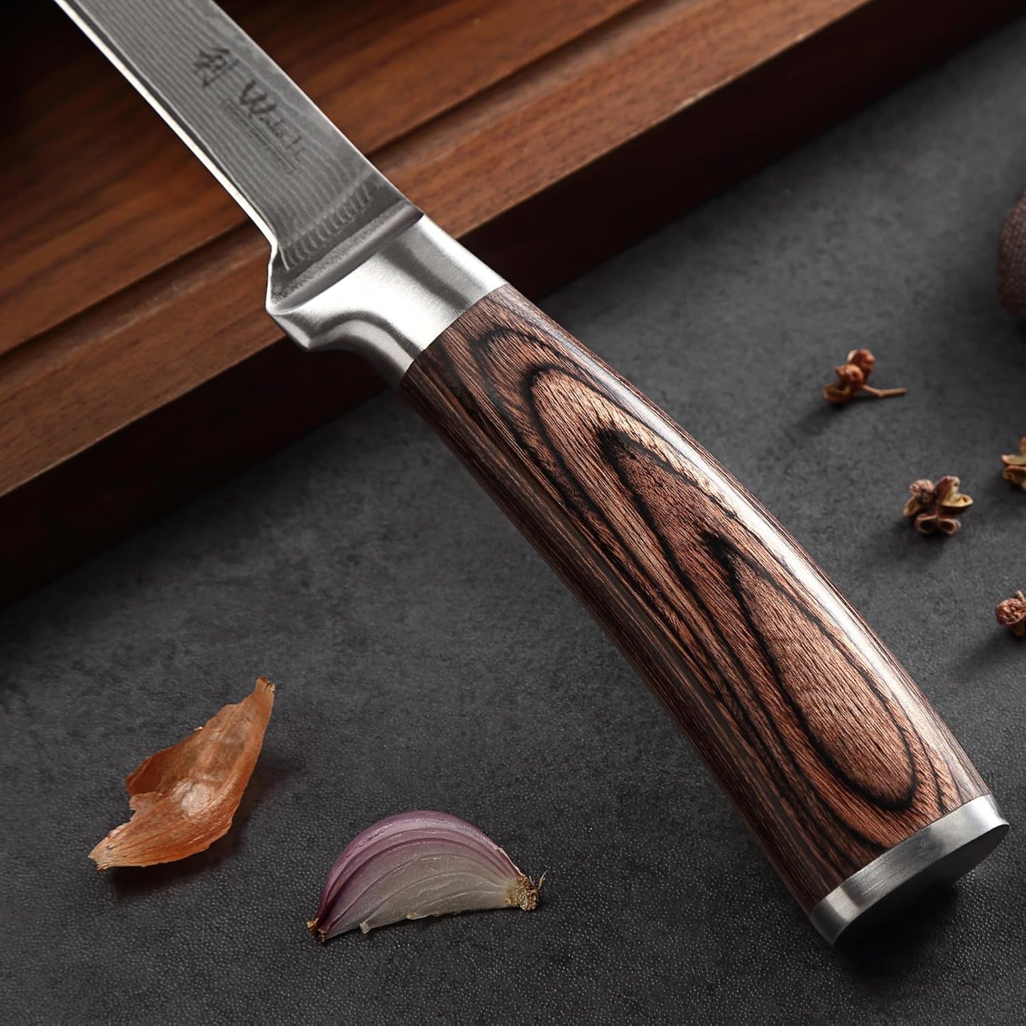 Wakoli EDIB Damascus Meat Knife – 7-Inch Japanese-Style Kitchen Knife for Meat, BBQ, and Roasts, 67-Layer Damascus Steel Blade with VG10 Core, Ergonomic Pakkawood Handle – Carving Knife in Gift Box