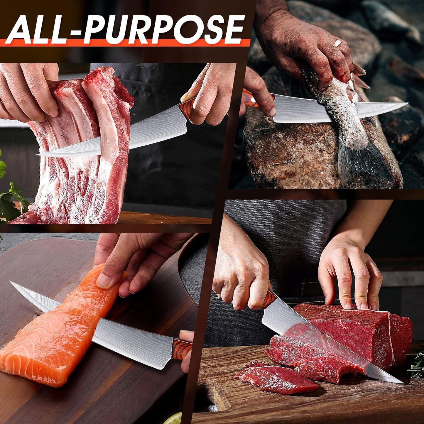 TOMBRO Damascus Boning Knife, 5.5" Full Tang with Rosewood Handle, Versatile Deboning & Meat Trimming Knife (6.5 Inches)