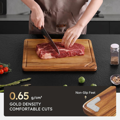 3 Pack Teak Wood Cutting Board Set for Kitchen Charcuterie Board Serving Heavy Duty Non Toxic Slip Hardwood Over Sink Solid Thick Haus Wooden Chopping Board Large Big Small Meat Best Essential Gift
