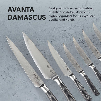 Messermeister Avanta Damascus 10-Piece Ebony Pakkawood Knife Block Set - Japanese Damascus Stainless Steel - 4 Speciality Knives, Heavy-Weight Fork, 4 Steak Knives & Magnetic Knife Block