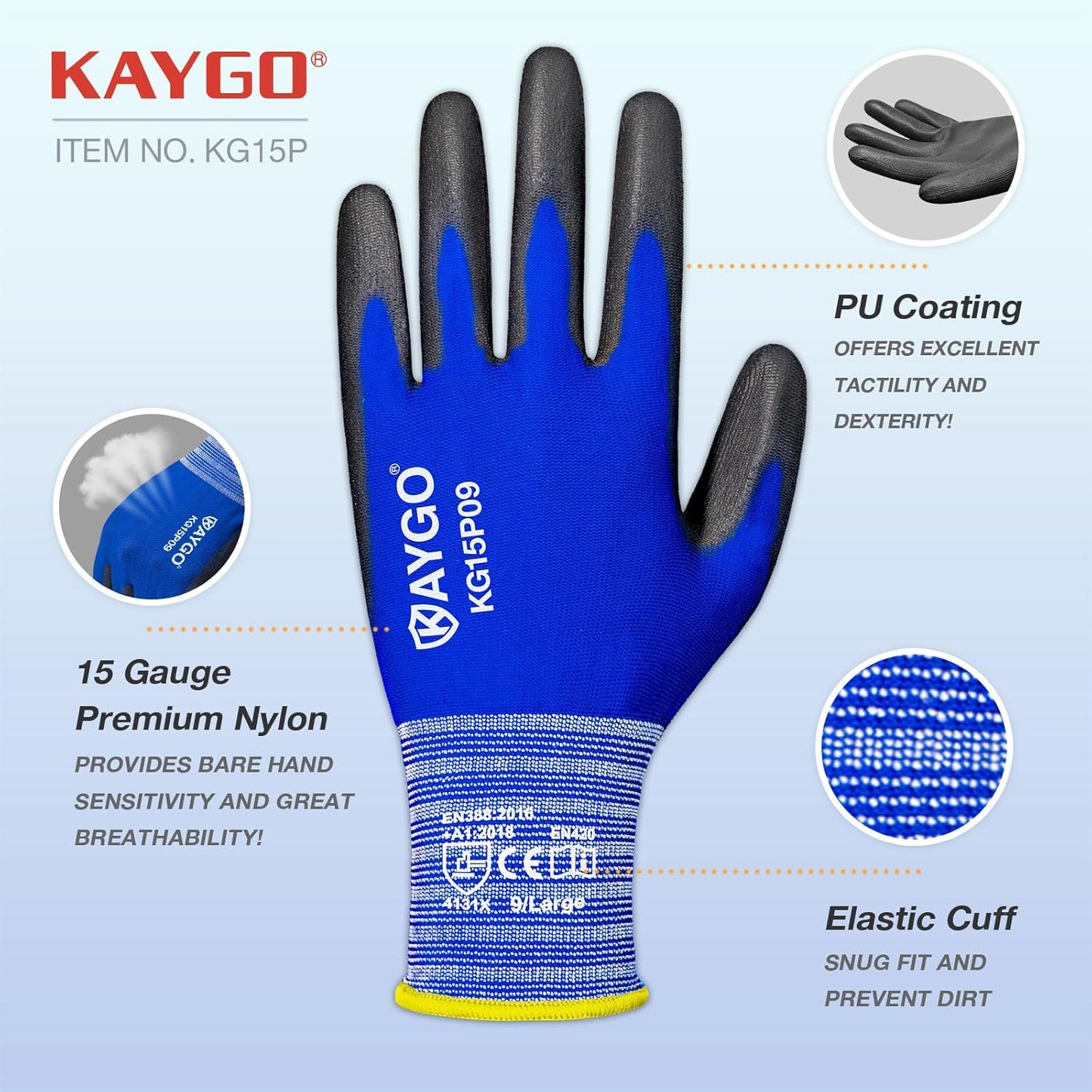 KAYGO Ultra Thin PU Coated Safety Work Gloves, 12 Pairs Nylon Knit, High Dexterity Anti-Slip Breathable Light Duty Gloves for Precision, Warehouse, DIY & Electronics (L,Gray)