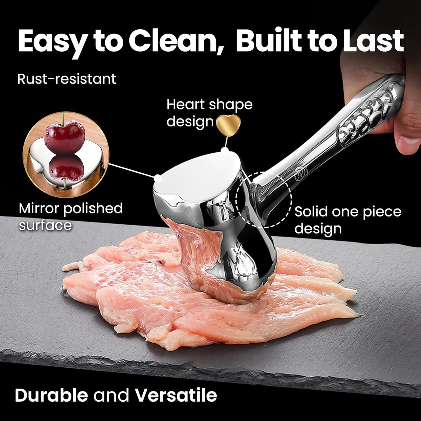 Stainless Steel Meat Tenderizer Tool, Premium Meat Mallet with Non-Slip Grip, Dual-sided Kitchen Mallet Ideal for Tenderizing Steak, Poultry & Chicken Cutlet, Dishwasher Safe with Lifetime Replacement