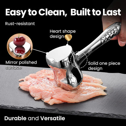 Stainless Steel Meat Tenderizer Tool, Premium Meat Mallet with Non-Slip Grip, Dual-sided Kitchen Mallet Ideal for Tenderizing Steak, Poultry & Chicken Cutlet, Dishwasher Safe with Lifetime Replacement