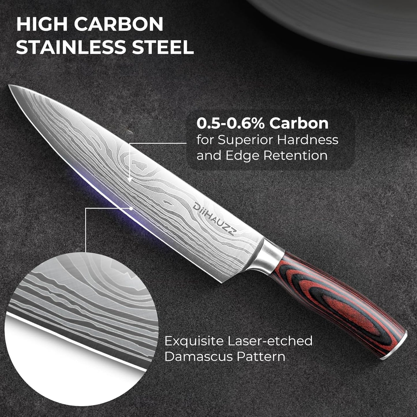 DiiHAUZZ Steak Knives Set of 6, Serrated Steak Knife Set 4.5 Inch, Ultra Sharp Forged High Carbon Stainless Steel Dinner Knife with Ergonomic Pakkawood Handle, Damascus Pattern and Gift Box