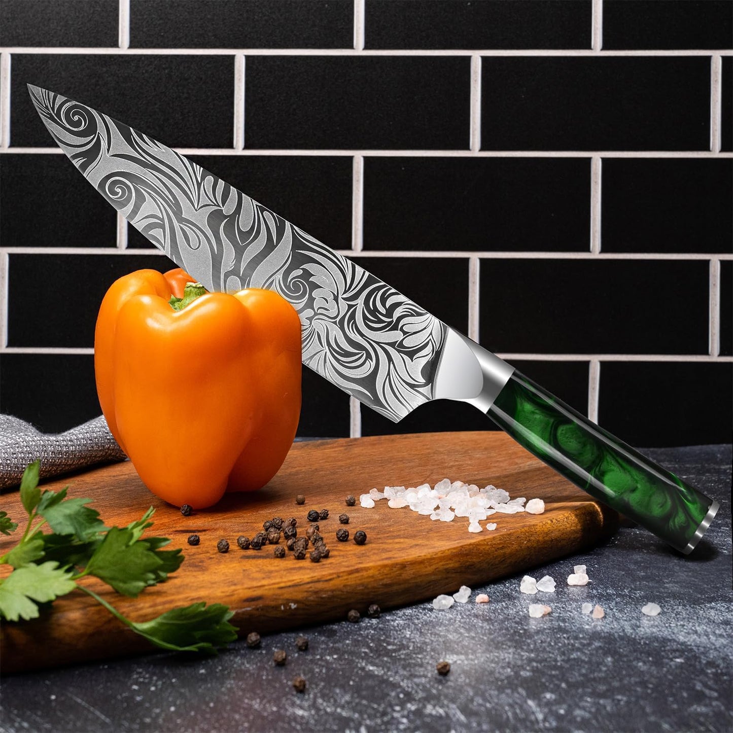SENKEN 8-piece Engraved Japanese Kitchen Knife Set & Beautiful Green Resin Epoxy Handles - Wasabi Collection - Chef's Knife, Santoku, Cleaver, Paring, & More